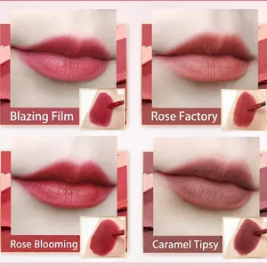 Velvet matte lipstick set featuring four shades from rose pink to deep red on lips and skin