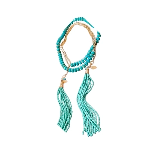 Bohemian multi-layer tassel necklace with turquoise beads and gold alloy leaf charms