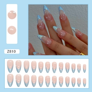 Blue aurora French almond press-on nails with white pearls and 24-piece full set display