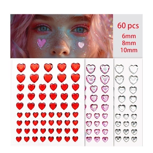 60pcs heart-shaped acrylic crystal stickers in red, pink, and clear for DIY face decor