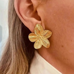 Large Flower Stud Earrings With Steel Earring Post Textured Brushed Metal Exaggerated INS Style Trendy For Women