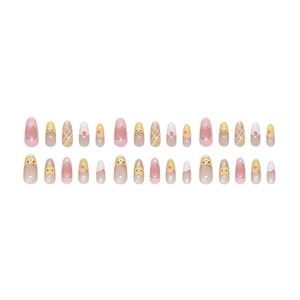 Pink and yellow almond press-on nails with cartoon bear, strawberry, and grid patterns