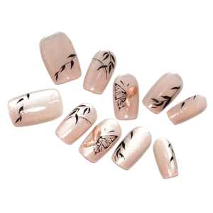 Lot de 10 faux ongles œil-de-chat nude avec motifs papillons et feuilles, forme carrée
