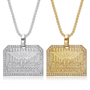 Collana con Ciondolo L'Ultima Cena in Acciaio al Titanio Placcato Oro Hip Hop Gioielli Religiosi Rettangolari con Strass