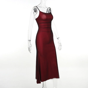 Detail view of burgundy slim fit dress with elegant side ruching and delicate straps