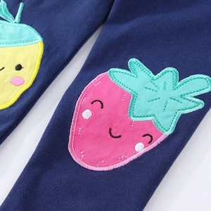 Girls dark blue knit leggings with cute strawberry and lemon cartoon embroidery detail