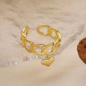 18K gold plated chain ring with a heart-shaped pendant, minimalist open design for women