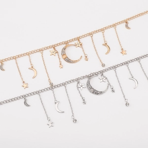 Star and moon fringe necklace with rhinestones in gold and silver plating finish
