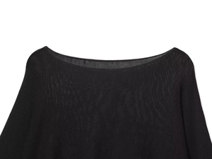 Detail view of black knit sweater featuring a sleek boat neck design and fine texture