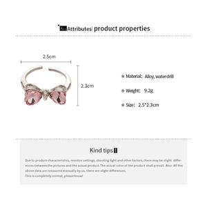 Detailed size chart of the bow heart rhinestone ring with 9.2g weight and 2.5cm dimensions