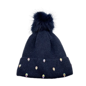 Dark blue knitted beanie hat with colorful rhinestones and fluffy faux fur pom-pom