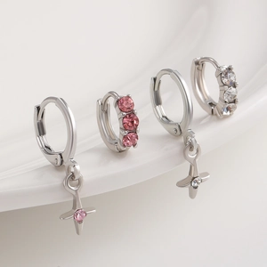 S925 silver hoop earrings set with pink zircon cross star pendants and stones