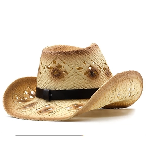 Classic straw cowboy hat with hollow star patterns and brown leather decorative band