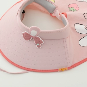 Pink kids wide brim sun hat with neck flap, cute strawberry and bow tie details