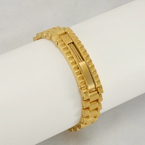 Men's 18K gold-plated stainless steel watch-style link bracelet with cable design