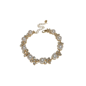 Elegante bracciale dorato con perle bianche e strass scintillanti per donna