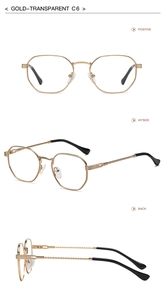 Three-view layout of gold metal frame sunglasses with clear lenses showing all angles
