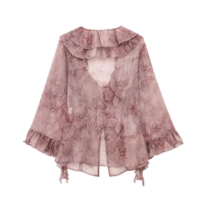 Pink snake print chiffon blouse with layered ruffles and long sleeves in a flat lay view