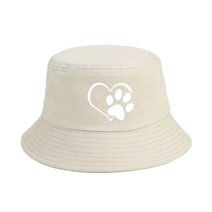 Beige cotton bucket hat with heart and paw print design, casual outdoor sun protection cap