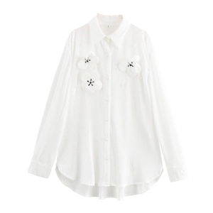 Women Textured Blouse With 3D Flower Applique Artificial Pearl Buttons Elegant Long Sleeve Shirt Lapel Casual Top