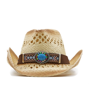 Handgewebter Stroh-Cowboyhut in Beige mit Lochmuster und einem türkisfarbenen Steinbesatz