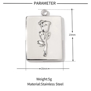 Detailed specs of silver rose embossed stainless steel pendant with size and weight markers