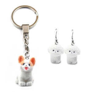 Flocked resin Corgi keychain and Bichon Frise earrings set for DIY handmade jewelry