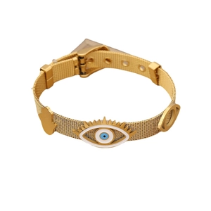 Golden mesh Evil Eye and Hamsa Hand bracelet with adjustable buckle on white background