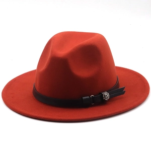 Classic bright red wool felt fedora hat with flat brim and black leather band decoration