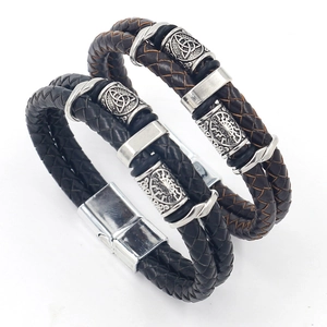 Men Layered Woven Leather Bracelet With Viking Metal Beads And Magnetic Clasp Retro Punk Nordic Style Jewelry