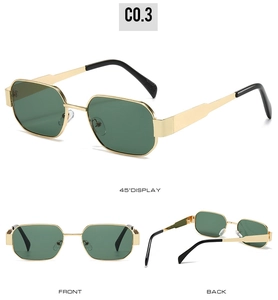 Detailed multi-angle views of gold metal polygon sunglasses with green hexagonal lenses