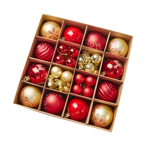 Christmas tree ball ornaments set in red and gold finish with various patterns in a box