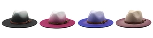 Detail view of four wide brim wool fedora hats with trendy gradient colors and leather bands