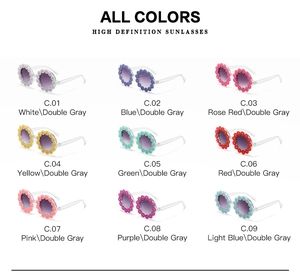 Detail view showing a 3x3 grid layout of nine colorful daisy floral sunglasses in shades