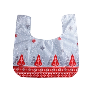 Christmas themed fabric gift bag with red and grey snowflake patterns on white background