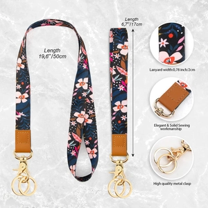 Navy floral polyester lanyard set with neck and wrist straps and gold metal hardware
