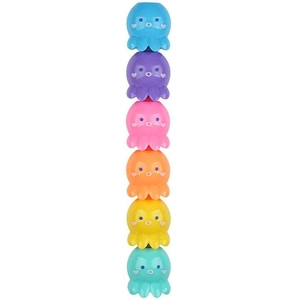 Close-up of six colorful stackable octopus highlighters in a vertical row on white background