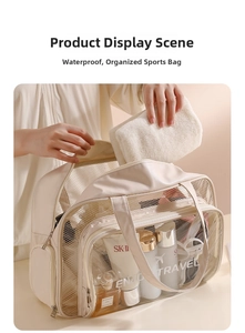 Detail of wet and dry compartments in beige travel toiletry bag showing storage capacity