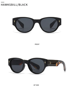 Detail view showing front and 45-degree angle of tortoise shell sunglasses with metal rivets