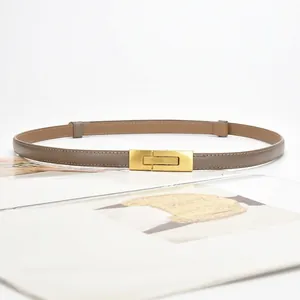 Elegant taupe genuine leather thin belt for women with gold adjustable interlocking buckle