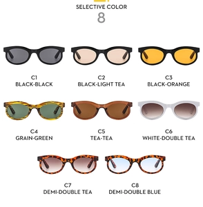 Detailed grid display of oval sunglasses in 8 selective colors with resin frames
