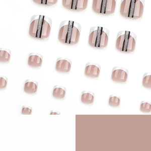 French silver glitter and black striped press-on toenails with white tips set