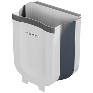 Foldable wall-mounted kitchen trash can in white and grey for cabinet doors