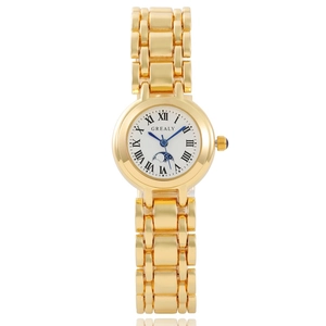 Detail of gold quartz watch dial with roman numerals and moon phase display