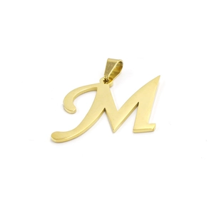 Detailed view of a golden stainless steel pendant shaped like the letter M
