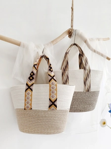 Handmade Woven Cotton Rope Tote Bag Large Capacity Bohemian Beach Shoulder Bag With Patterned Webbing Straps