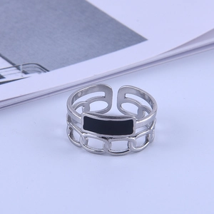 Retro hollow stainless steel ring with black enamel accent and adjustable open band