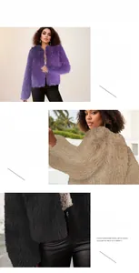 Detail of soft faux fur texture on jackets in purple, camel and black winter colors
