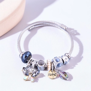 DIY stainless steel charm bracelet with crystal butterflies, tassels, and love charm