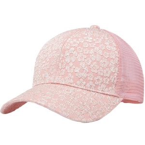 Pink mesh baseball cap with white floral embroidery for women's summer sun protection